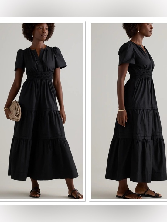 Quince Dresses & Skirts - Quince Black Tiered Puff-Sleeve 100% Organic Cotton Poplin Maxi Dress Sz S